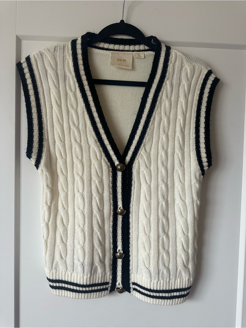 Anthropologie Cream Cable-Knit Sleeveless Cardigan with Black Trim